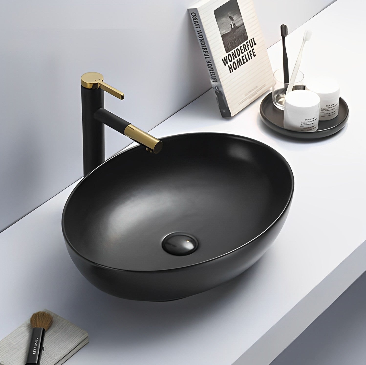 POSEIDON ABOVE COUNTER CERAMIC ART BASIN MATTE BLACK 520MM