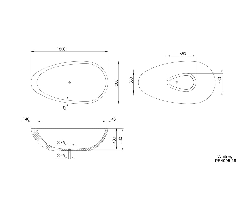 PIETRA BIANCA WHITNEY FREESTANDING STONE BATHTUB WITH CUSTOM COLOURS (AVAILABLE IN 1600MM, 1700MM AND 1800MM)