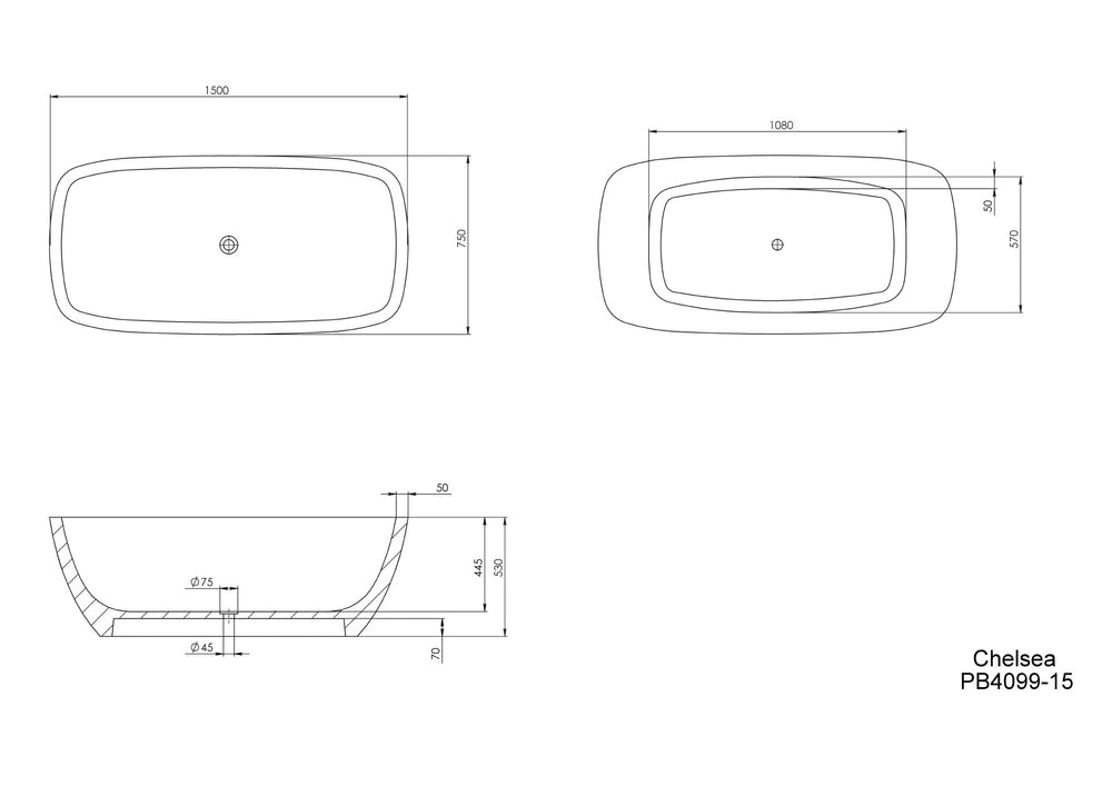 PIETRA BIANCA CHELSEA FREESTANDING STONE BATHTUB WITH CUSTOM COLOURS (AVAILABLE IN 1500MM, 1600MM AND 1700MM)