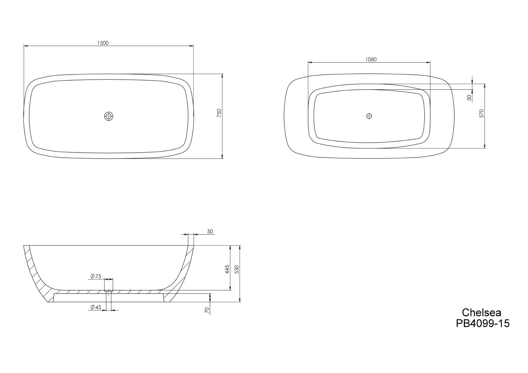 PIETRA BIANCA CHELSEA FREESTANDING STONE BATHTUB WITH CUSTOM COLOURS (AVAILABLE IN 1500MM, 1600MM AND 1700MM)