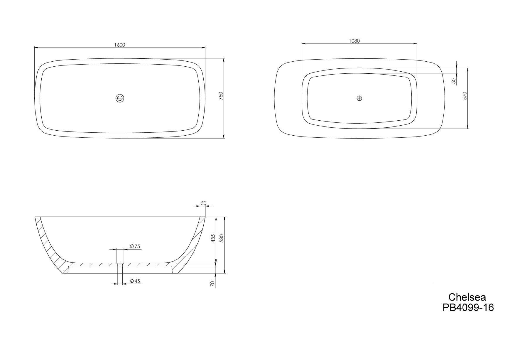 PIETRA BIANCA CHELSEA FREESTANDING STONE BATHTUB WITH CUSTOM COLOURS (AVAILABLE IN 1500MM, 1600MM AND 1700MM)