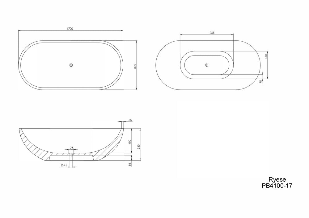 PIETRA BIANCA RYESE FREESTANDING STONE BATHTUB WITH CUSTOM COLOURS (AVAILABLE IN 1600MM, 1700MM AND 1800MM)