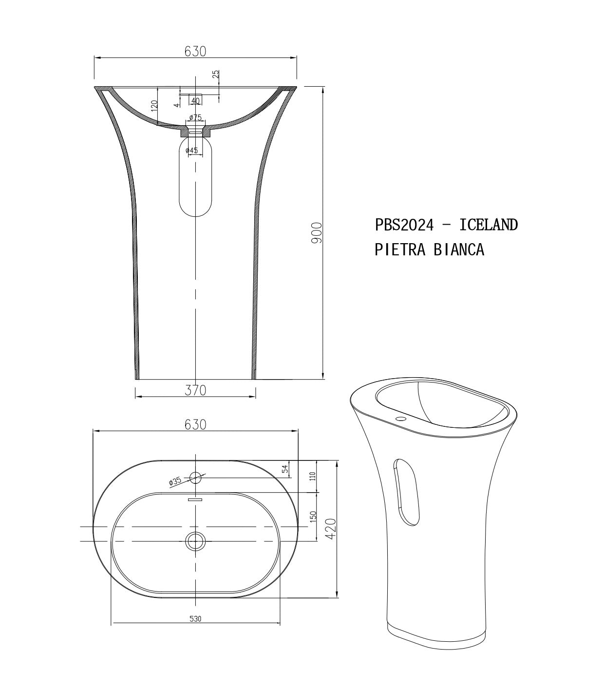 PIETRA BIANCA ICELAND FREESTANDING PEDESTAL STONE BASIN WITH MULTICOLOUR 630MM