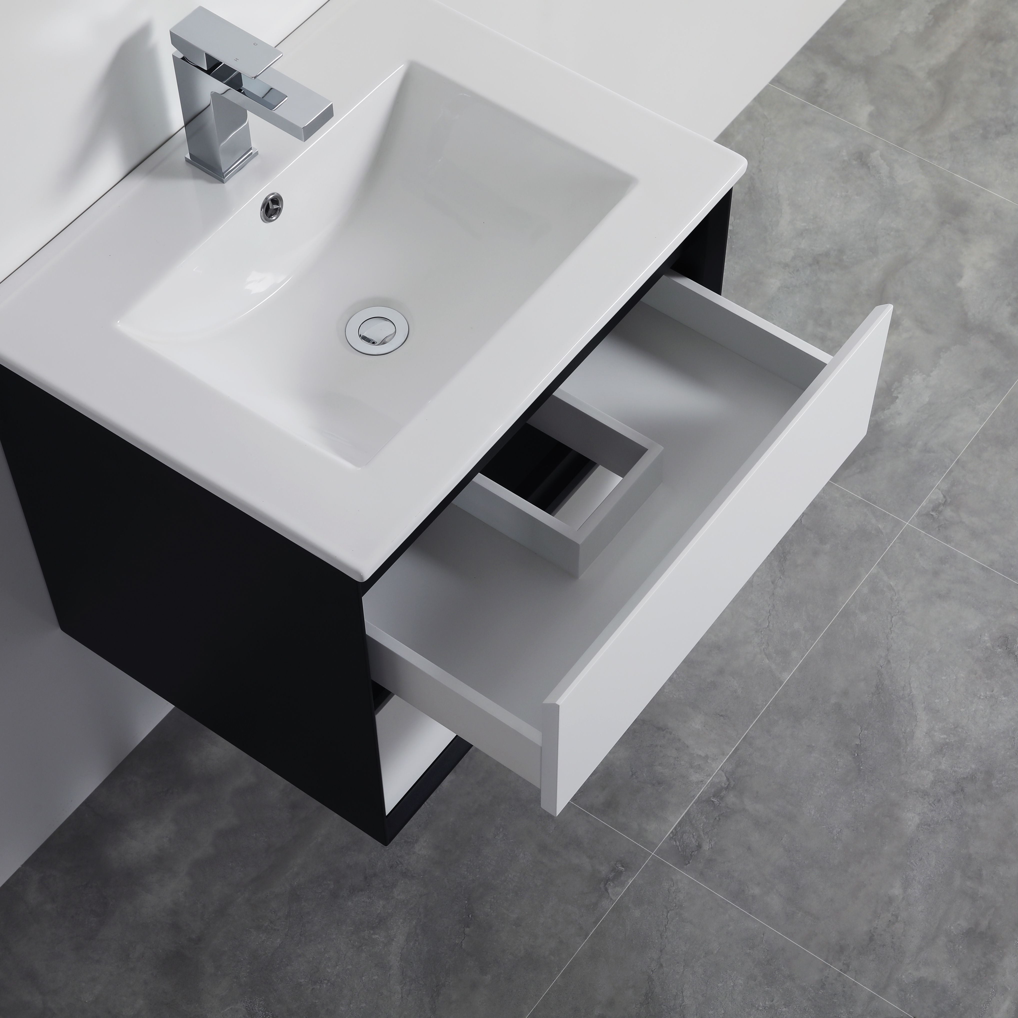 POSEIDON PETRA MATTE WHITE AND MATTE BLACK 600MM WALL HUNG VANITY
