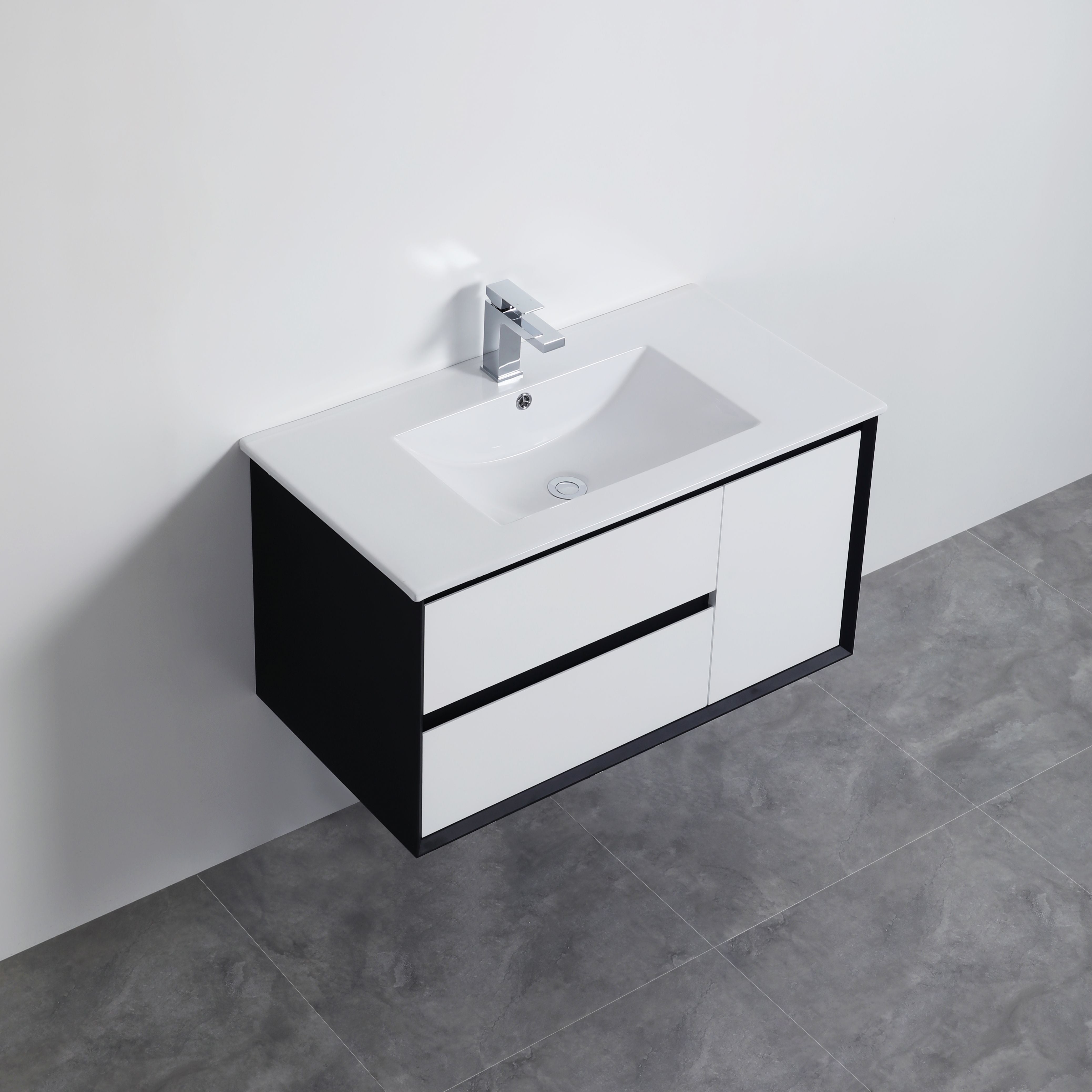 POSEIDON PETRA  MATTE WHITE AND MATTE BLACK 900MM SINGLE BOWL WALL HUNG VANITY (AVAILABLE IN LEFT AND RIGHT HAND DRAWER)