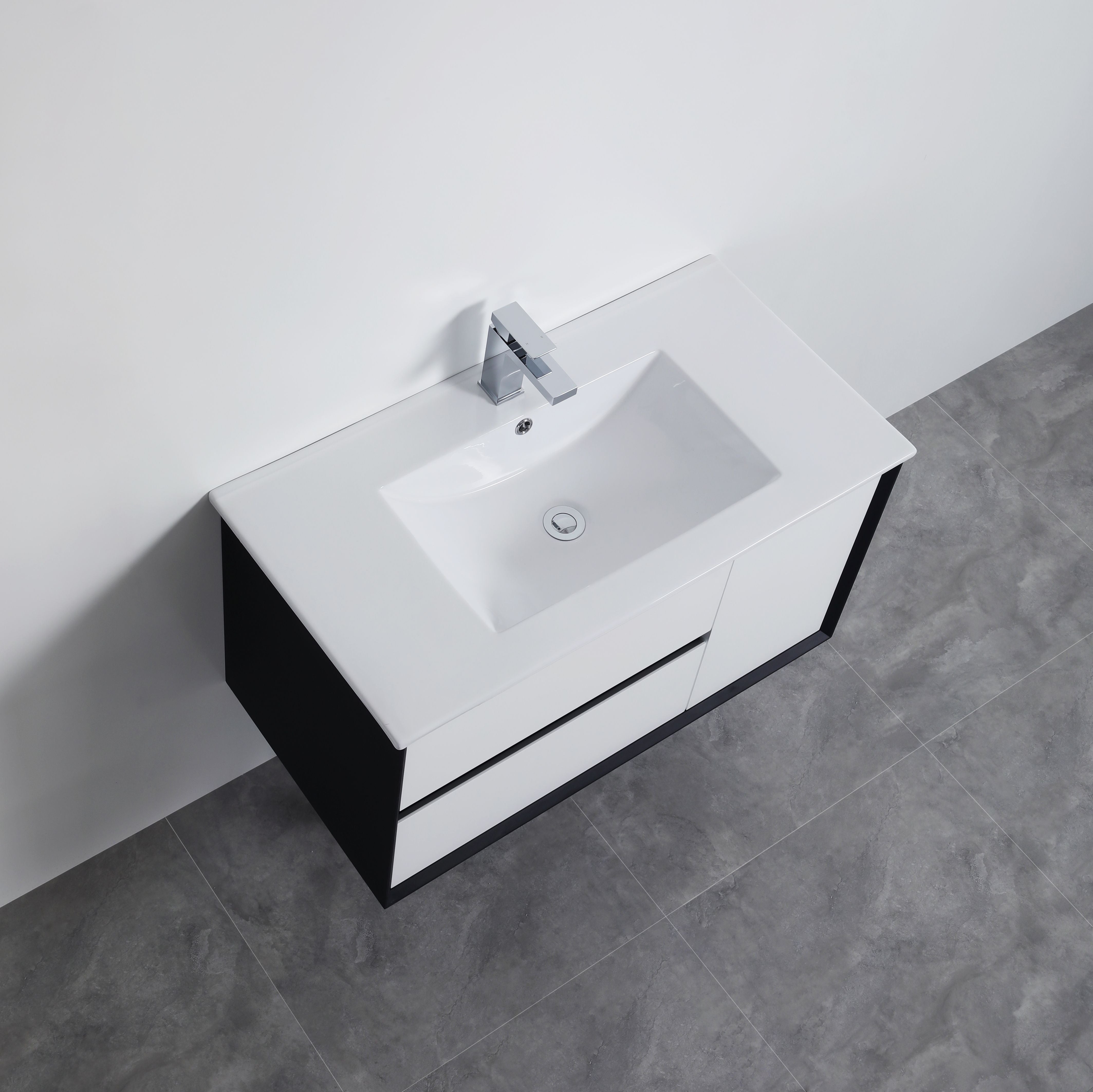 POSEIDON PETRA  MATTE WHITE AND MATTE BLACK 900MM SINGLE BOWL WALL HUNG VANITY (AVAILABLE IN LEFT AND RIGHT HAND DRAWER)