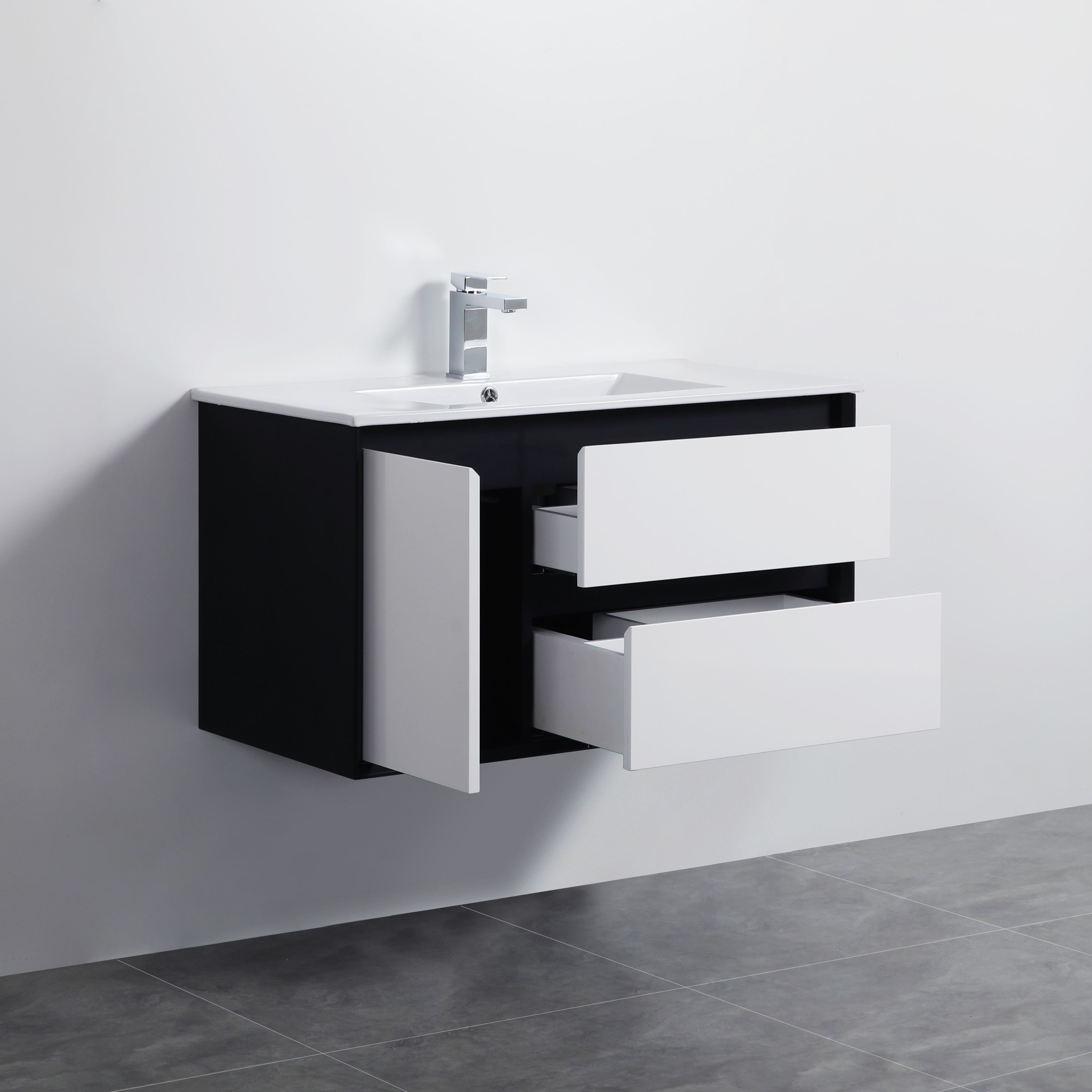 POSEIDON PETRA  MATTE WHITE AND MATTE BLACK 900MM SINGLE BOWL WALL HUNG VANITY (AVAILABLE IN LEFT AND RIGHT HAND DRAWER)