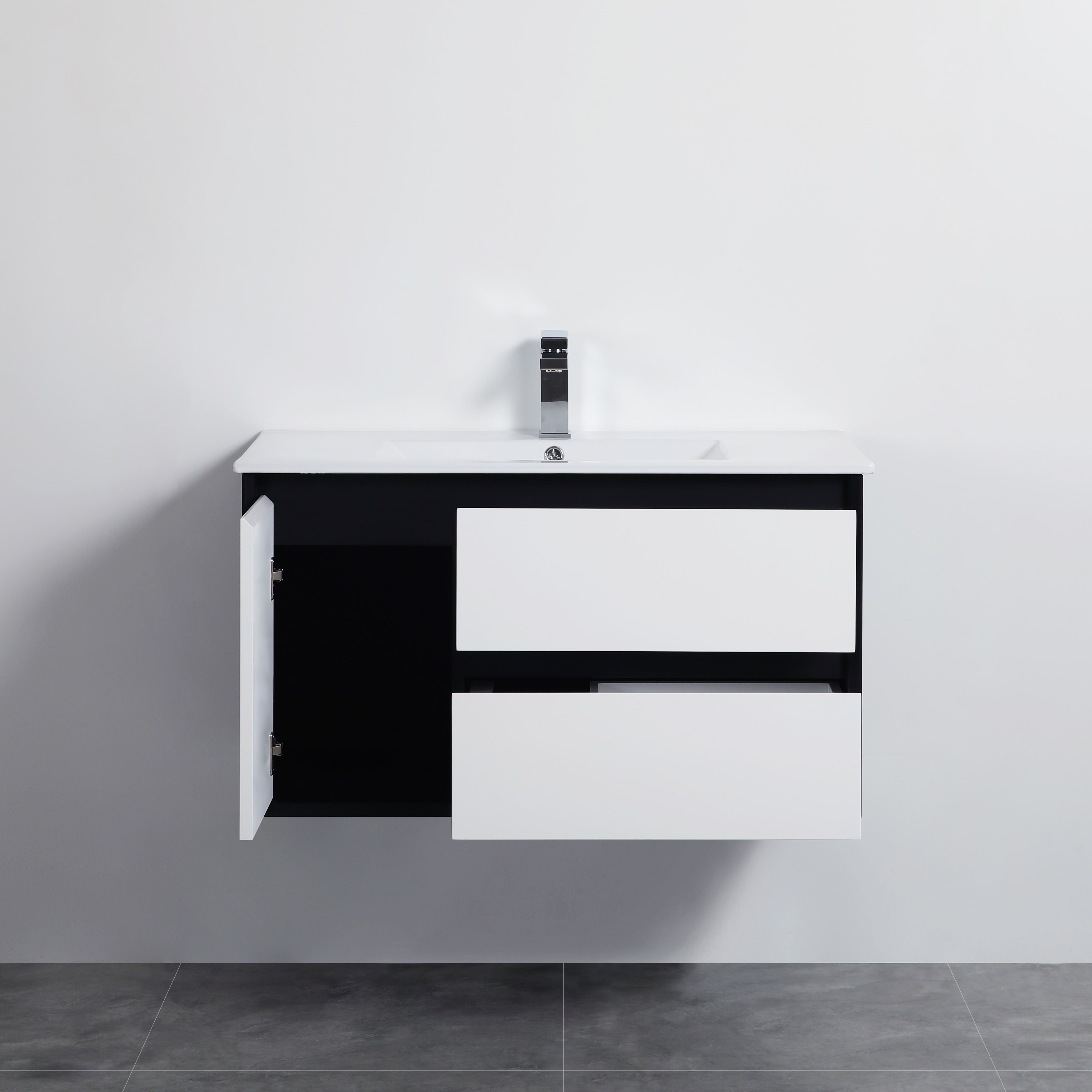 POSEIDON PETRA  MATTE WHITE AND MATTE BLACK 900MM SINGLE BOWL WALL HUNG VANITY (AVAILABLE IN LEFT AND RIGHT HAND DRAWER)
