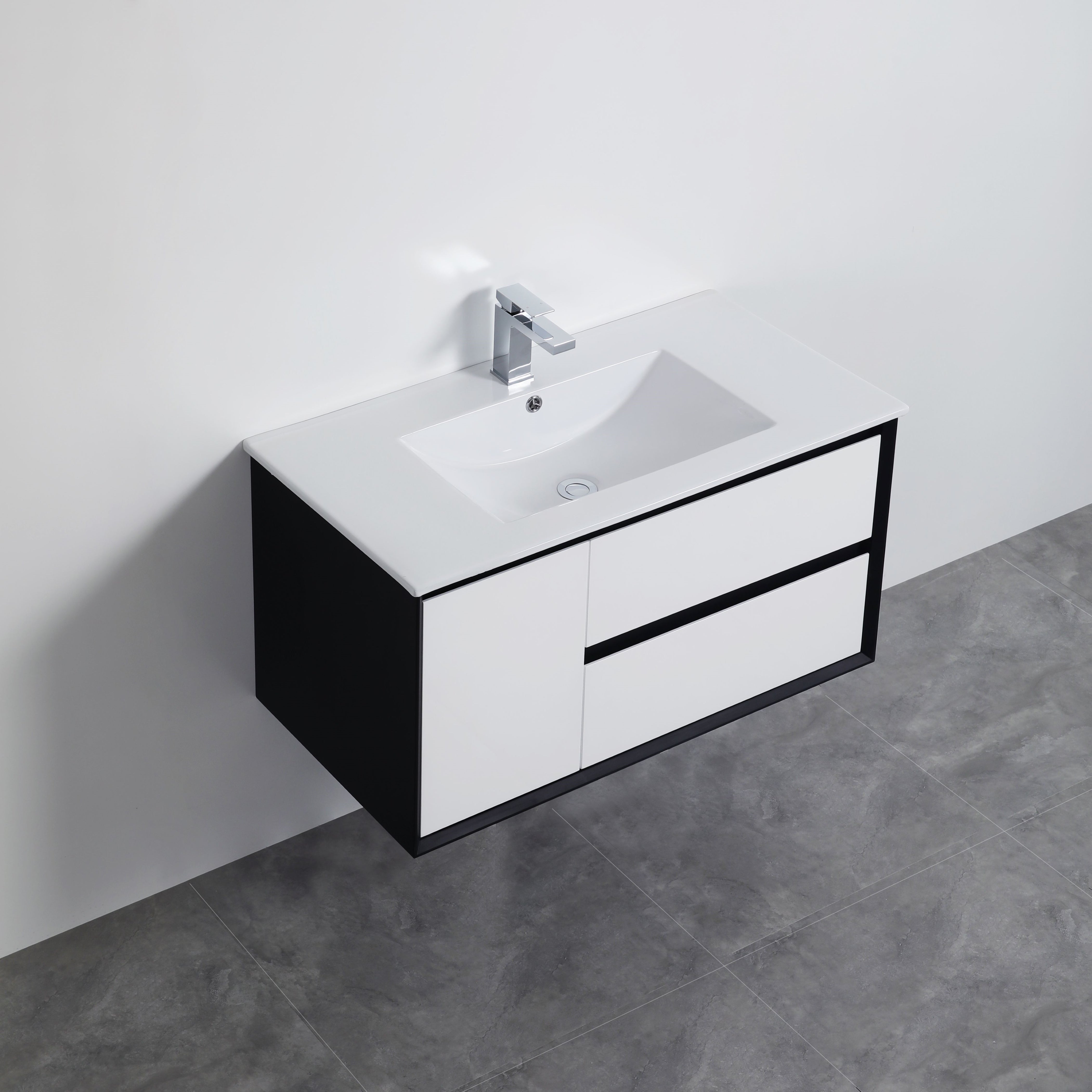 POSEIDON PETRA  MATTE WHITE AND MATTE BLACK 900MM SINGLE BOWL WALL HUNG VANITY (AVAILABLE IN LEFT AND RIGHT HAND DRAWER)