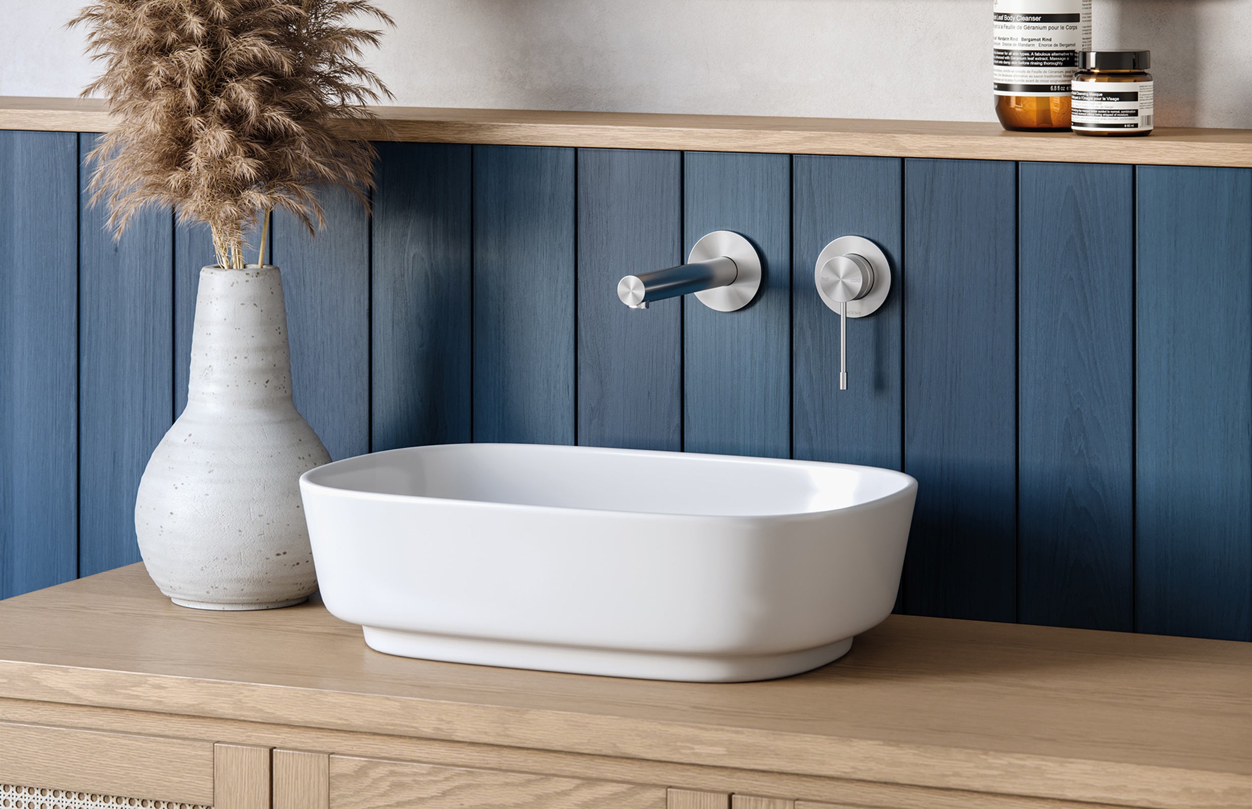 PHOENIX VIVID SLIMLINE SS 316 WALL BASIN / BATH MIXER SET 180MM STAINLESS STEEL