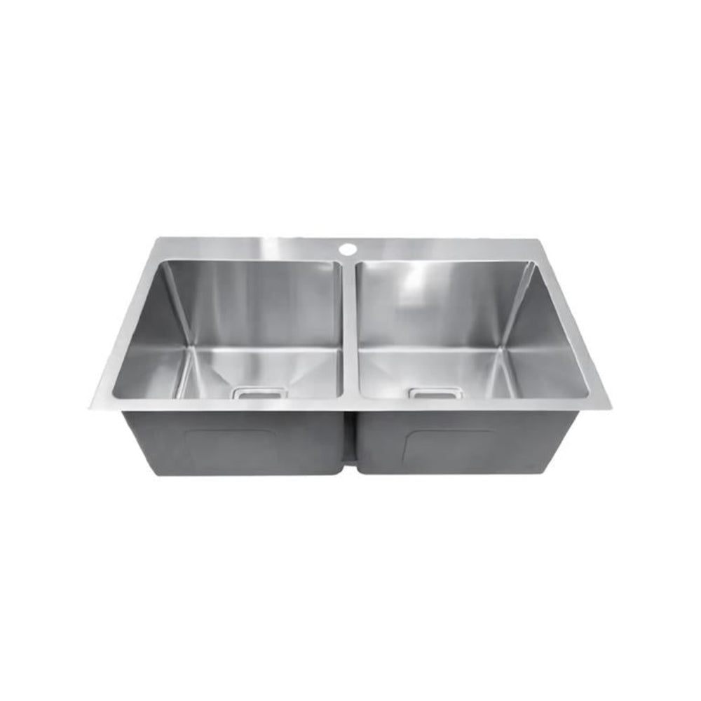 POSEIDON HANDMADE DOUBLE BOWL TOPMOUNT KITCHEN SINK WITH TAPHOLE STAINLESS STEEL 775MM