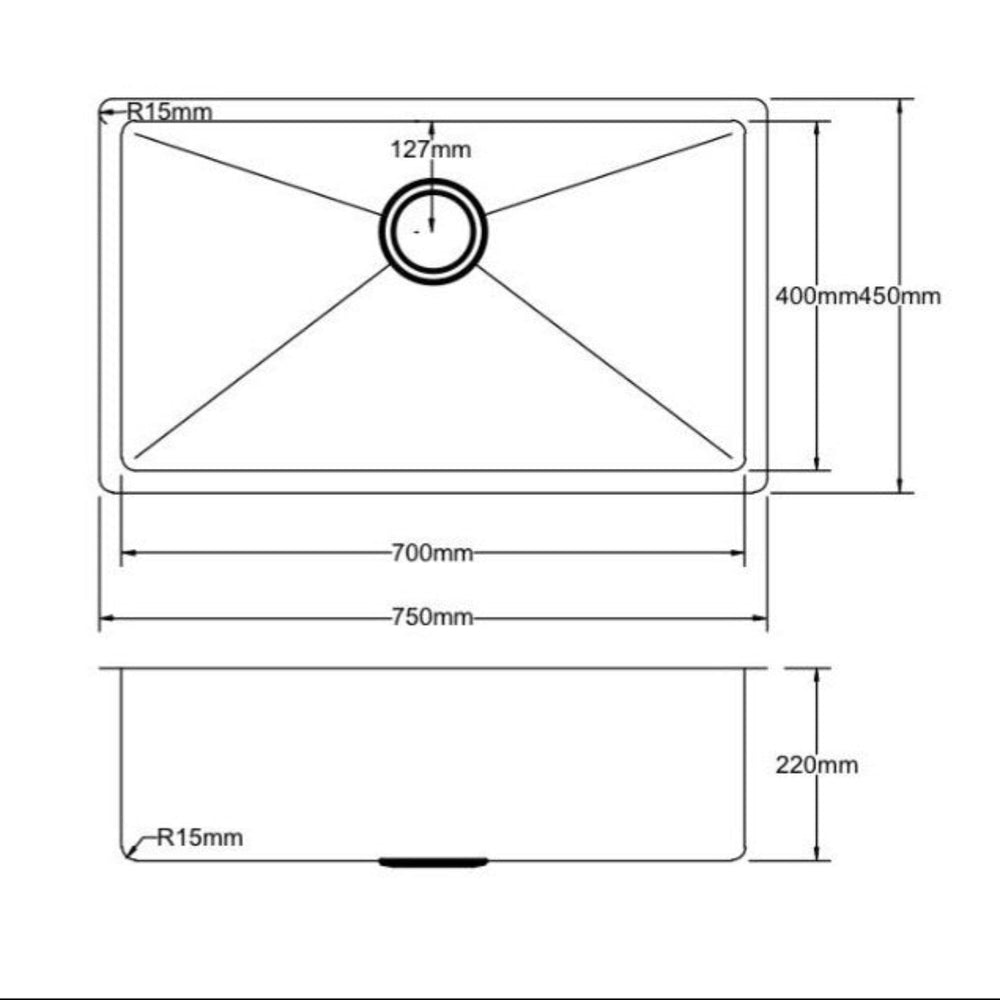 POSEIDON HANDMADE SINGLE BOWL TOP / UNDERMOUNT KITCHEN SINK STAINLESS STEEL 750MM
