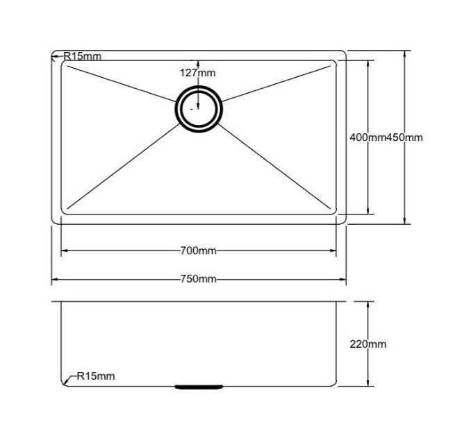 POSEIDON HANDMADE KITCHEN SINK STAINLESS STEEL 750MM