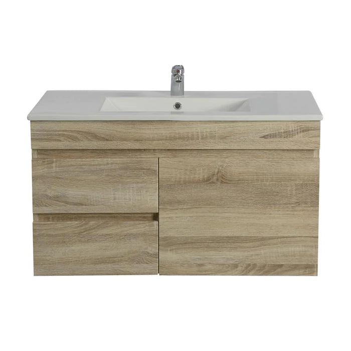 POSEIDON BERGE WHITE OAK 750MM LEFT HAND AND RIGHT HAND DRAWER SPACE SAVING WALL HUNG VANITY