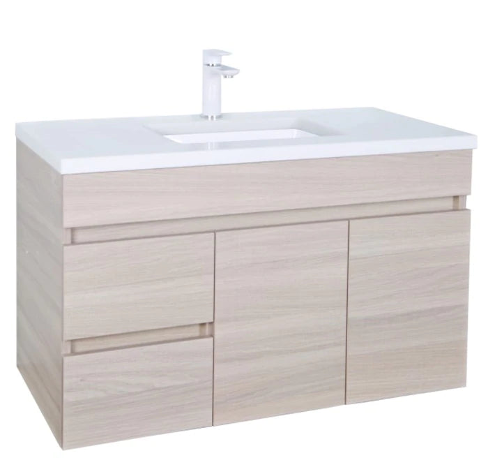 POSEIDON EVIE OAK 900MM SINGLE BOWL WALL HUNG VANITY(AVAILABLE IN LEFT AND RIGHT HAND DRAWER)