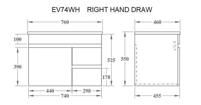 POSEIDON EVIE OAK 750MM SINGLE BOWL WALL HUNG VANITY (AVAILABLE IN LEFT AND RIGHT HAND DRAWER)