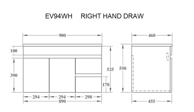 POSEIDON EVIE OAK 900MM SINGLE BOWL WALL HUNG VANITY(AVAILABLE IN LEFT AND RIGHT HAND DRAWER)