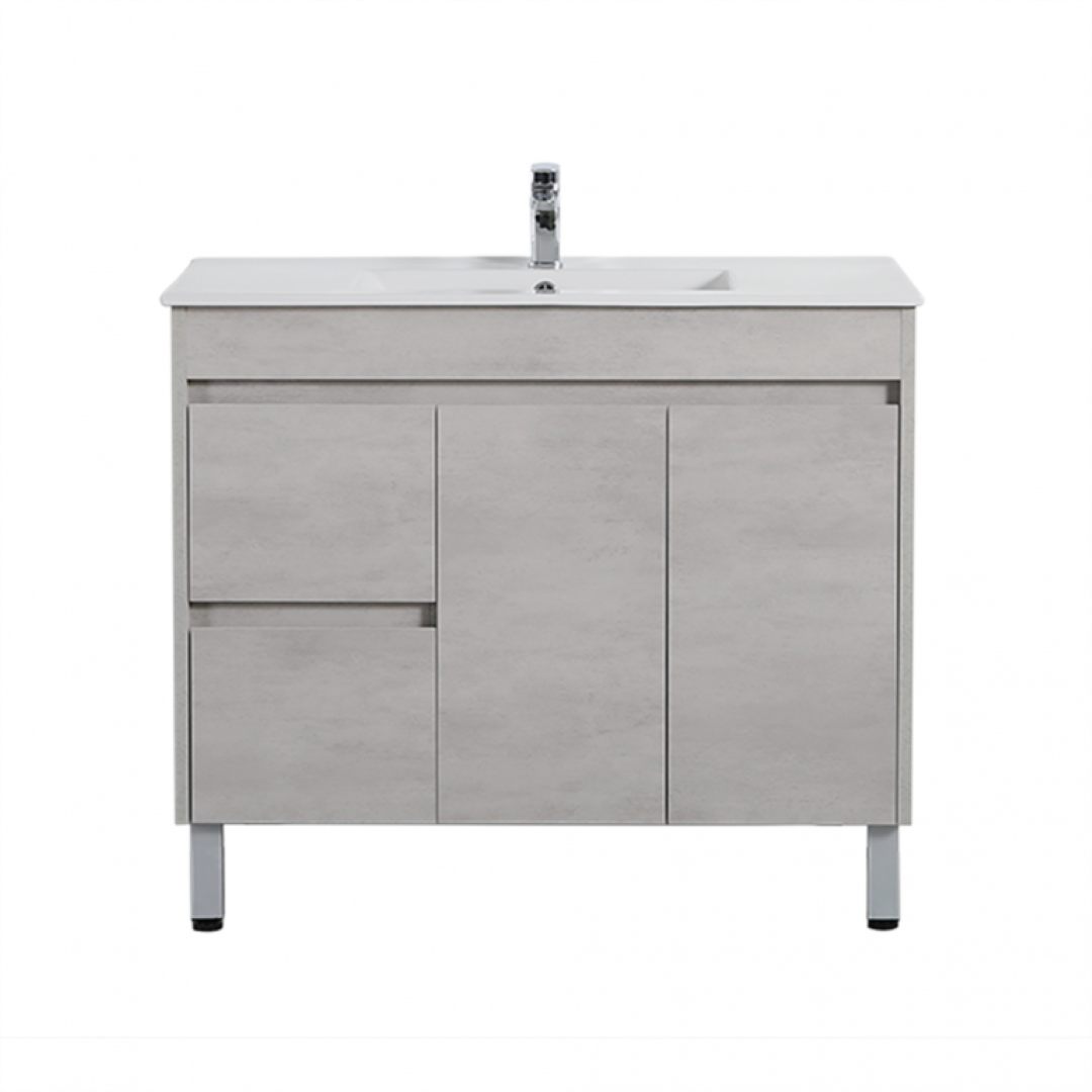 POSEIDON NOVA PLYWOOD CONCRETE GREY 900MM FLOOR STANDING VANITY (AVAILABLE IN LEFT HAND DRAWER AND RIGHT HAND DRAWER)