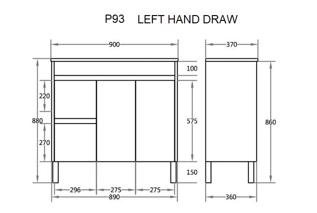 POSEIDON P93G SPACE SAVING FLOOR STANDING VANITY WHITE 900MM