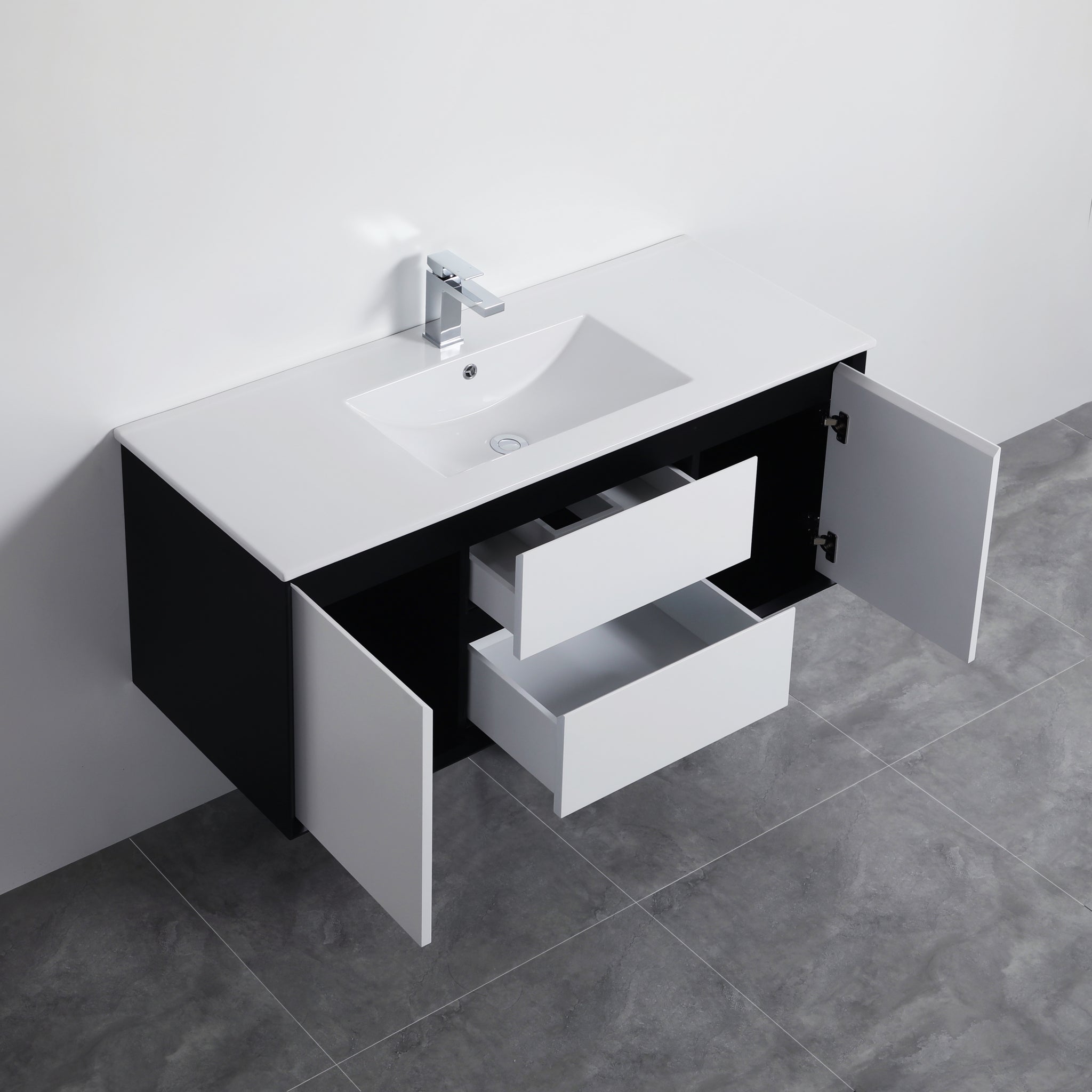 POSEIDON PETRA MATTE WHITE AND MATTE BLACK 1200MM SINGLE BOWL WALL HUNG VANITY