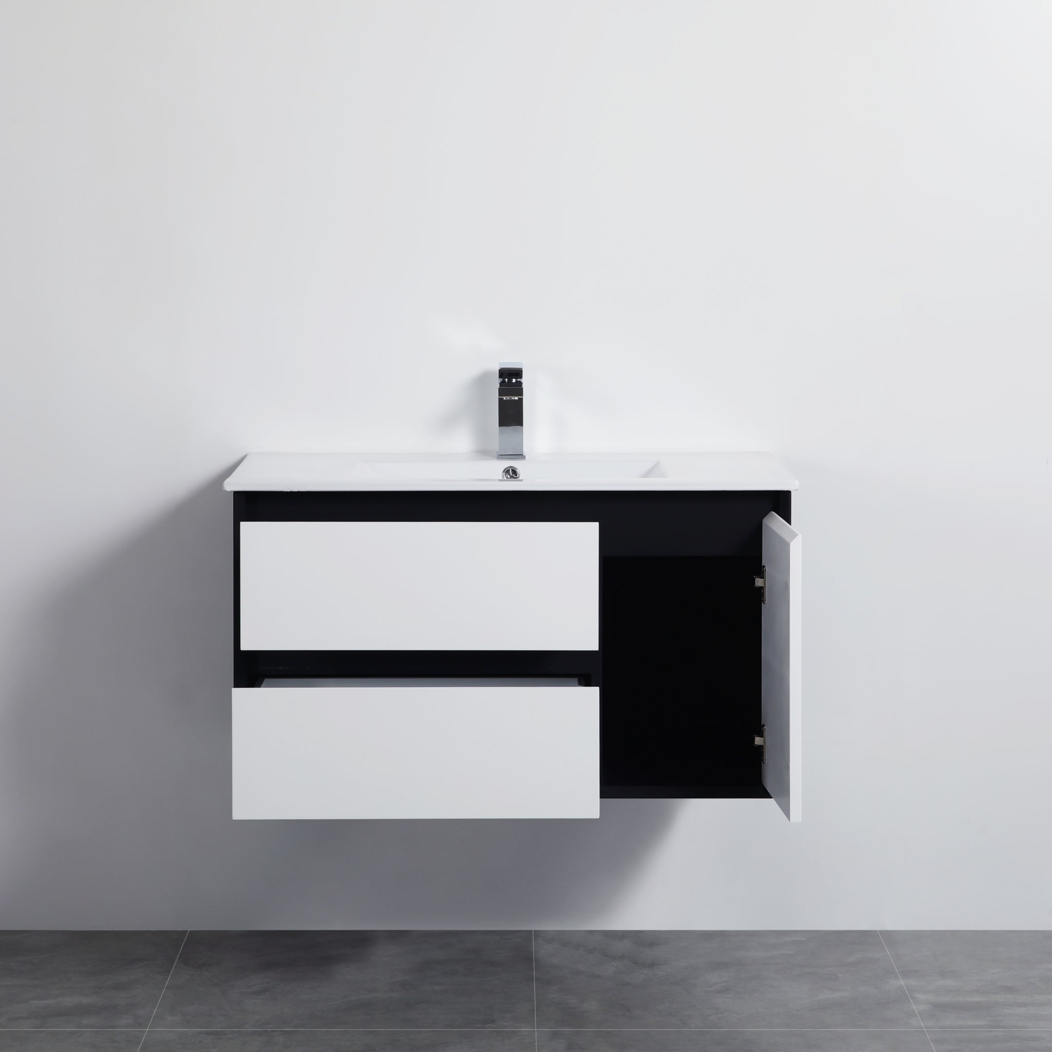 POSEIDON PETRA  MATTE WHITE AND MATTE BLACK 900MM SINGLE BOWL WALL HUNG VANITY (AVAILABLE IN LEFT AND RIGHT HAND DRAWER)