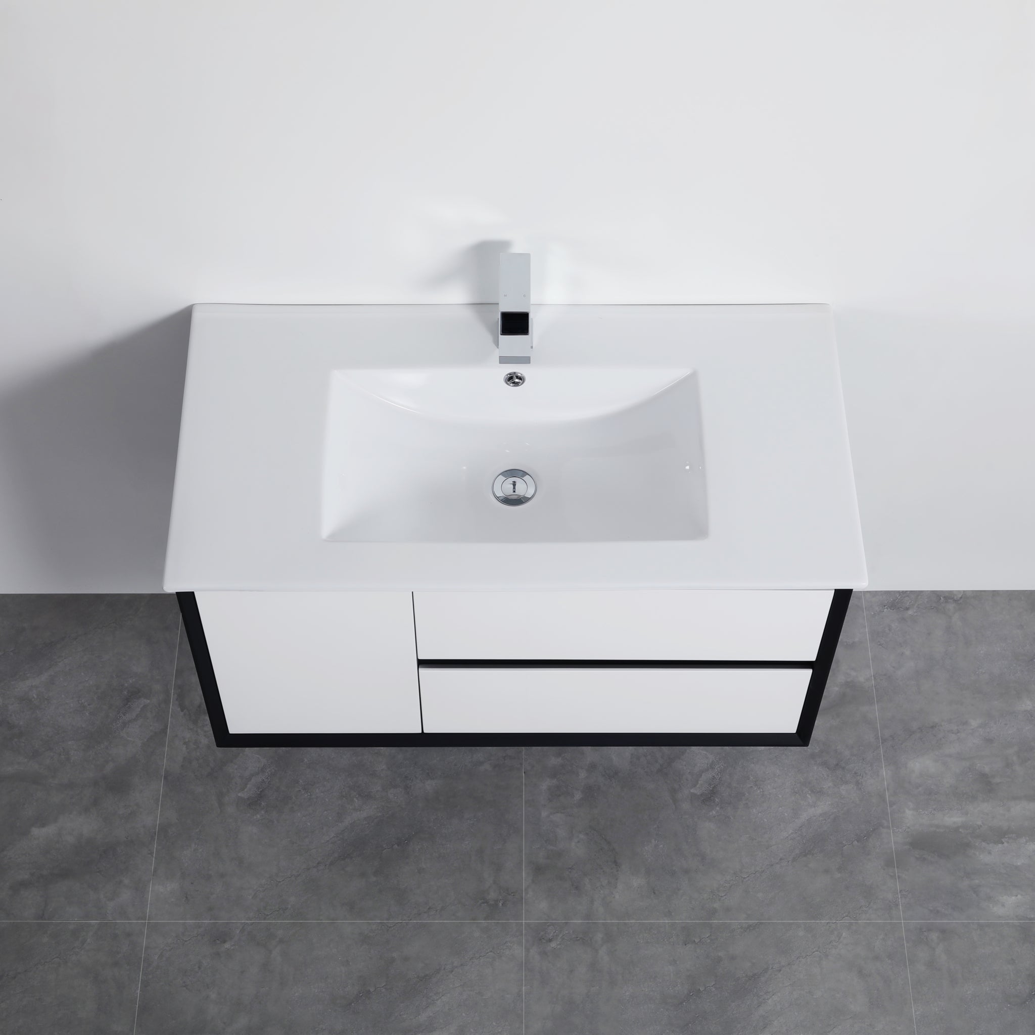POSEIDON PETRA  MATTE WHITE AND MATTE BLACK 900MM SINGLE BOWL WALL HUNG VANITY (AVAILABLE IN LEFT AND RIGHT HAND DRAWER)