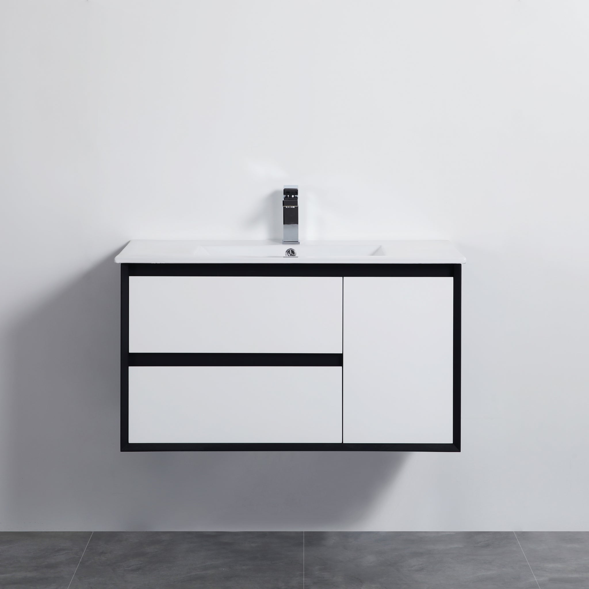 POSEIDON PETRA  MATTE WHITE AND MATTE BLACK 900MM SINGLE BOWL WALL HUNG VANITY (AVAILABLE IN LEFT AND RIGHT HAND DRAWER)