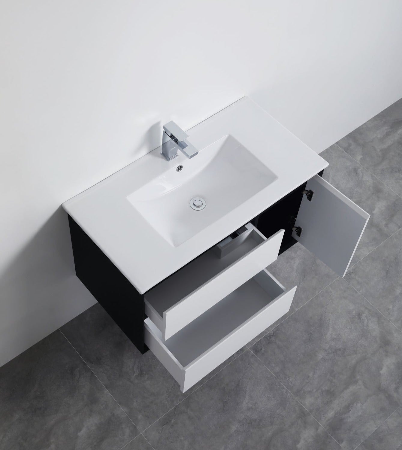 POSEIDON PETRA  MATTE WHITE AND MATTE BLACK 900MM SINGLE BOWL WALL HUNG VANITY (AVAILABLE IN LEFT AND RIGHT HAND DRAWER)