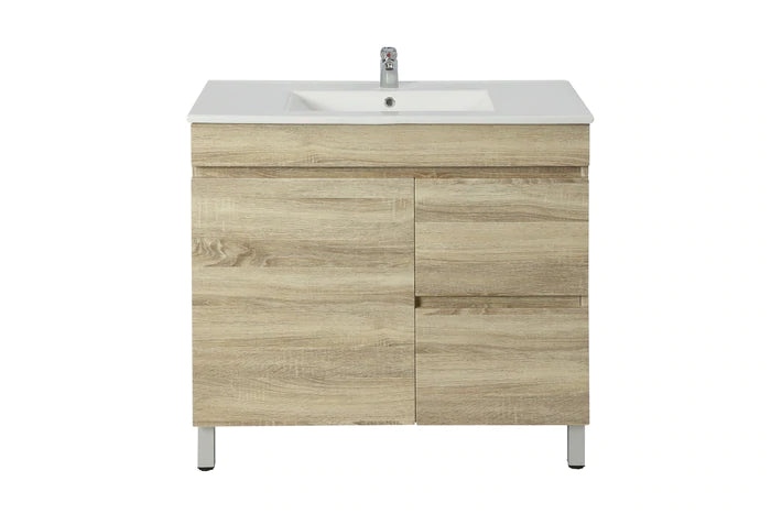 POSEIDON WHITE OAK 750MM SPACE SAVING SINGLE BOWL FLOOR STANDING VANITY (AVAILABLE IN LEFT AND RIGHT HAND DRAWER)