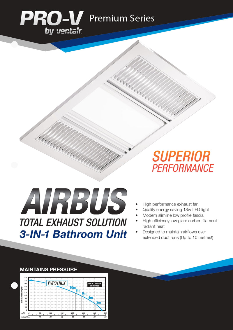 VENTAIR AIRBUS 3 IN1 HIGH AIRFLOW HEAT LIGHT EXHAUST WHITE | Austpek  Bathrooms