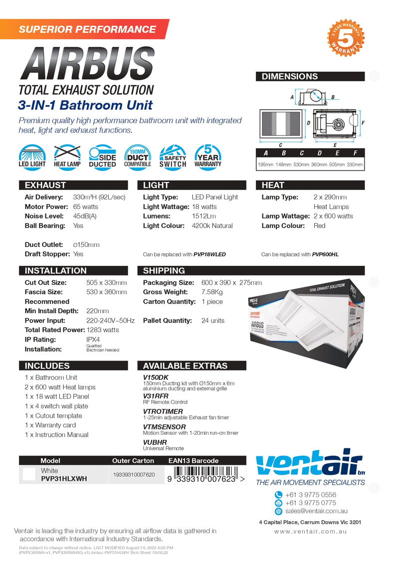 VENTAIR AIRBUS 3 IN1 HIGH AIRFLOW HEAT LIGHT EXHAUST WHITE | Austpek  Bathrooms
