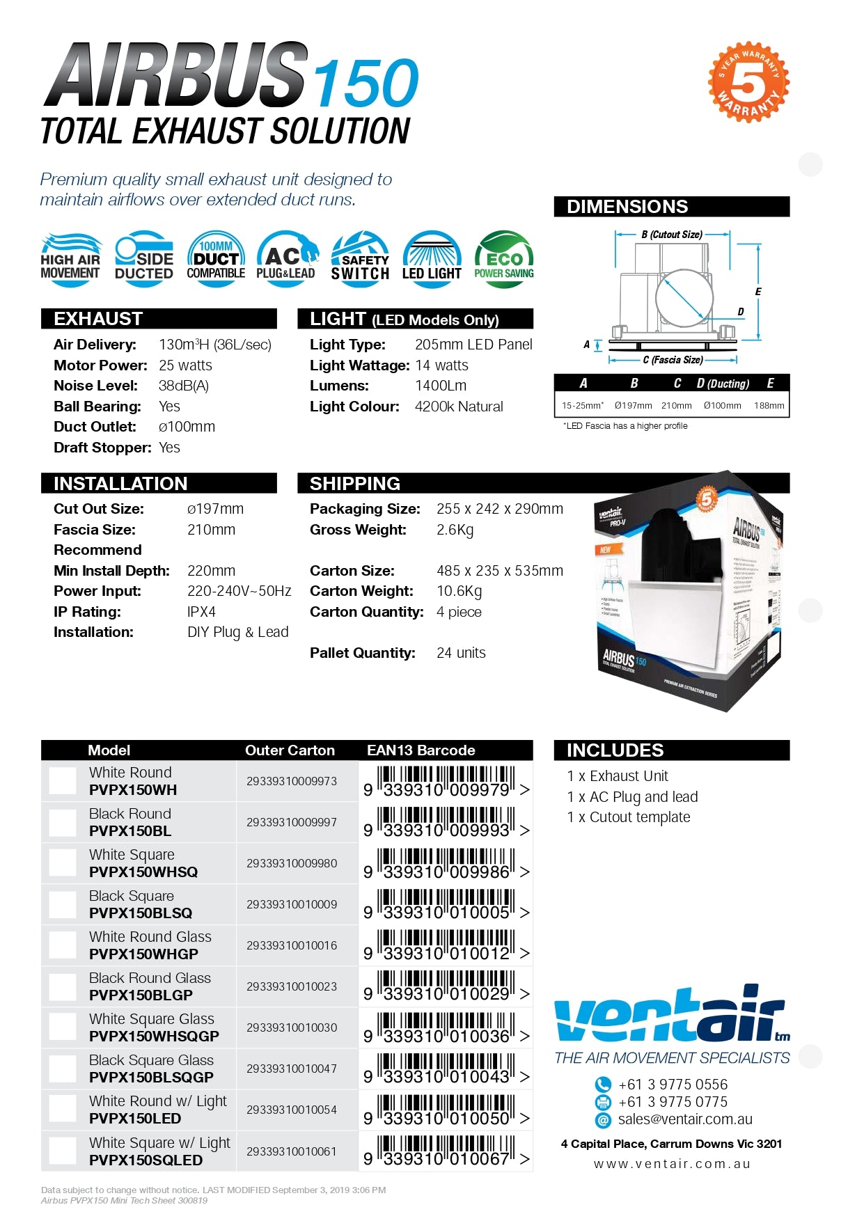 VENTAIR AIRBUS 150 SQUARE PREMIUM QUALITY SIDE DUCTED EXHAUST FAN WITH 10W LED PANEL WHITE