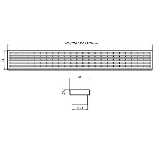 PHOENIX FLAT STAINLESS STEEL 65MM CHANNEL DRAIN HG 75MM OUTLET 600MM, 750MM, 900MM AND 1200MM