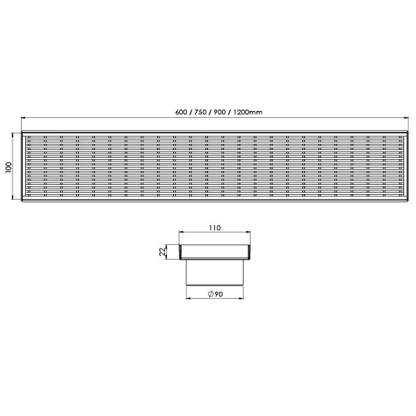 PHOENIX FLAT STAINLESS STEEL 90MM CHANNEL DRAIN HG 100MM OUTLET 600MM, 750MM, 900MM AND 1200MM