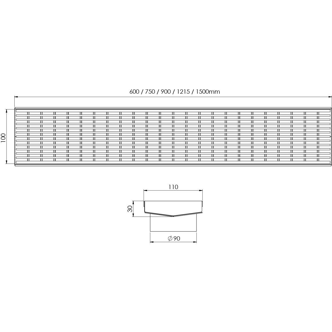 PHOENIX V STAINLESS STEEL 90MM CHANNEL DRAIN HG 100MM OUTLET 600MM, 750MM, 900MM AND 1200MM