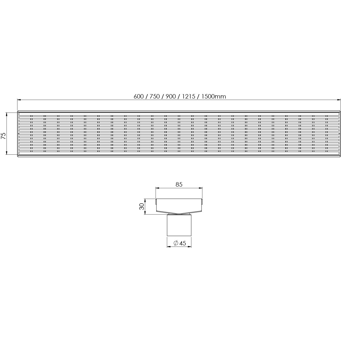PHOENIX V MATTE BLACK 45MM CHANNEL DRAIN HG 75MM OUTLET 600MM, 750MM, 900MM AND 1200MM