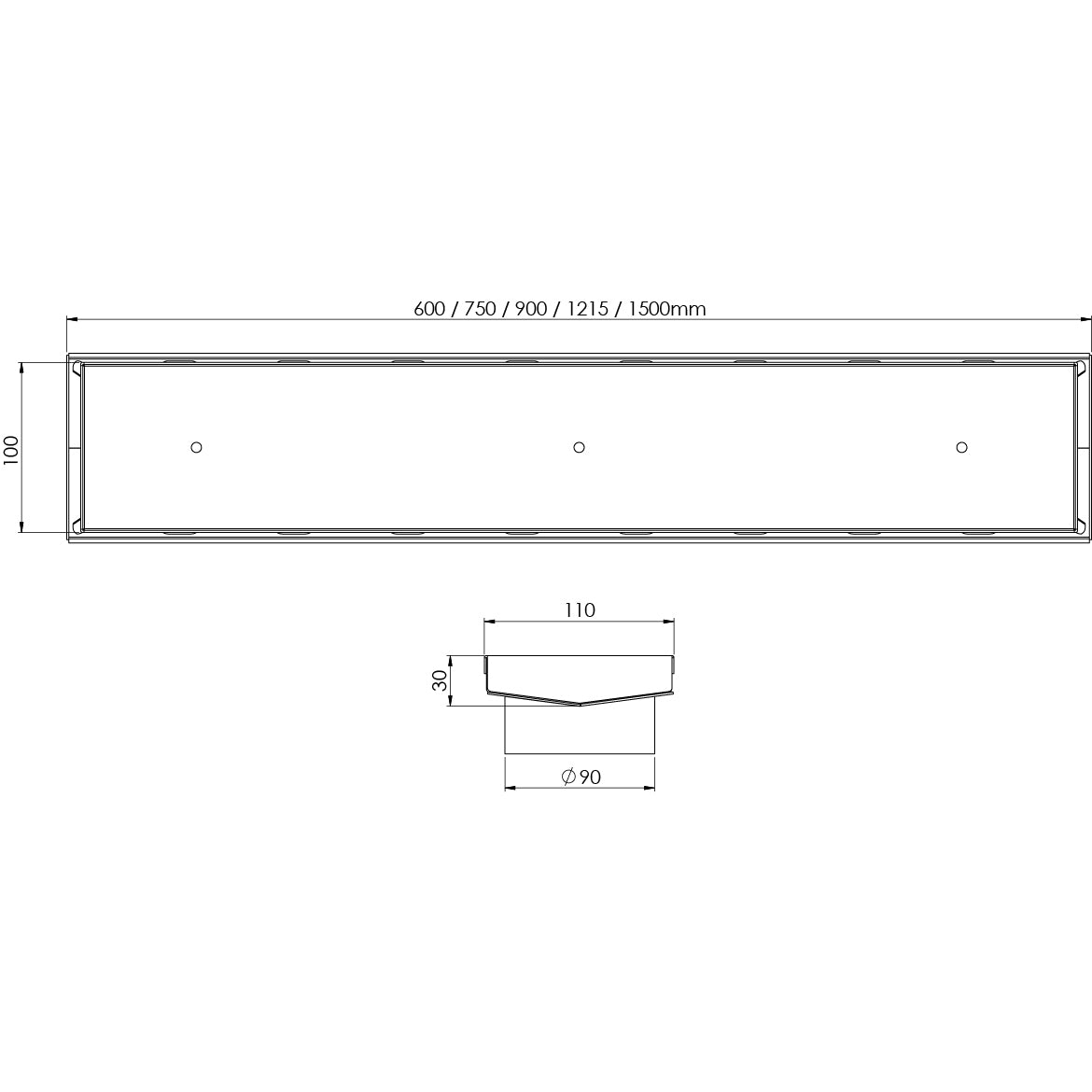 PHOENIX V STAINLESS STEEL 90MM CHANNEL DRAIN TI 100MM OUTLET 600MM, 750MM, 900MM AND 1200MM