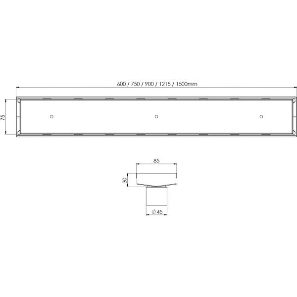 PHOENIX V STAINLESS STEEL 45MM CHANNEL DRAIN TI 75MM OUTLET 600MM, 750MM, 900MM AND 1200MM