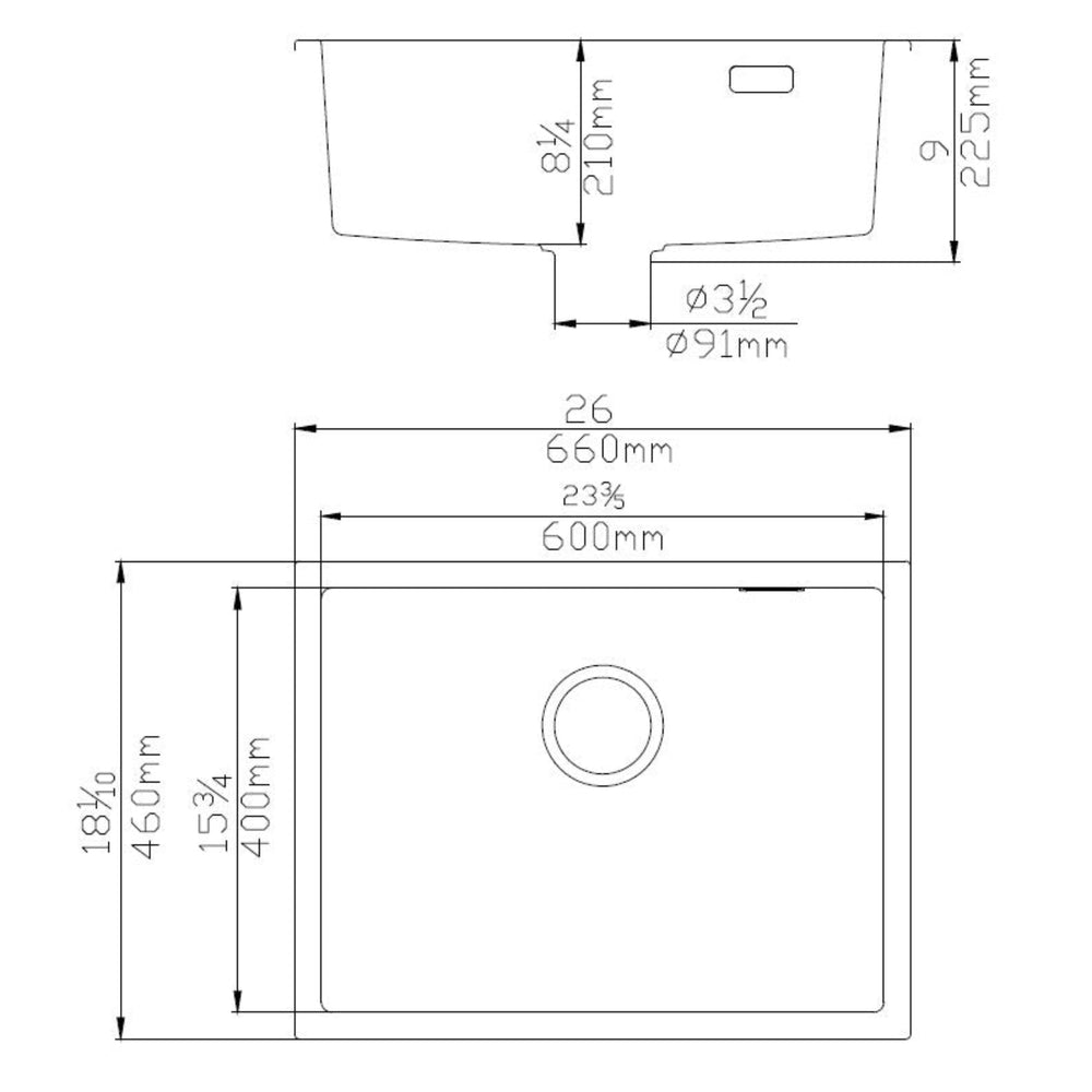 POSEIDON QUARTZ SINGLE BOWL TOP / UNDERMOUNT KITCHEN SINK MATTE BLACK 660MM