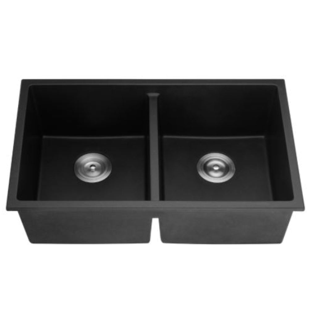 POSEIDON QUARTZ DOUBLE BOWL TOP / UNDERMOUNT KITCHEN SINK MATTE BLACK 762MM