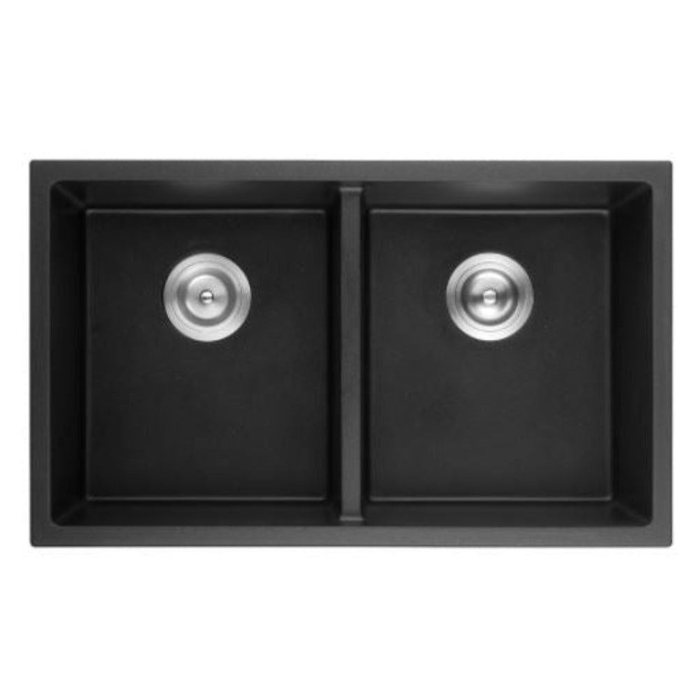 POSEIDON QUARTZ DOUBLE BOWL TOP / UNDERMOUNT KITCHEN SINK MATTE BLACK 762MM
