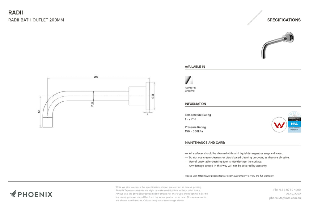 PHOENIX RADII BATH OUTLET 200MM CHROME