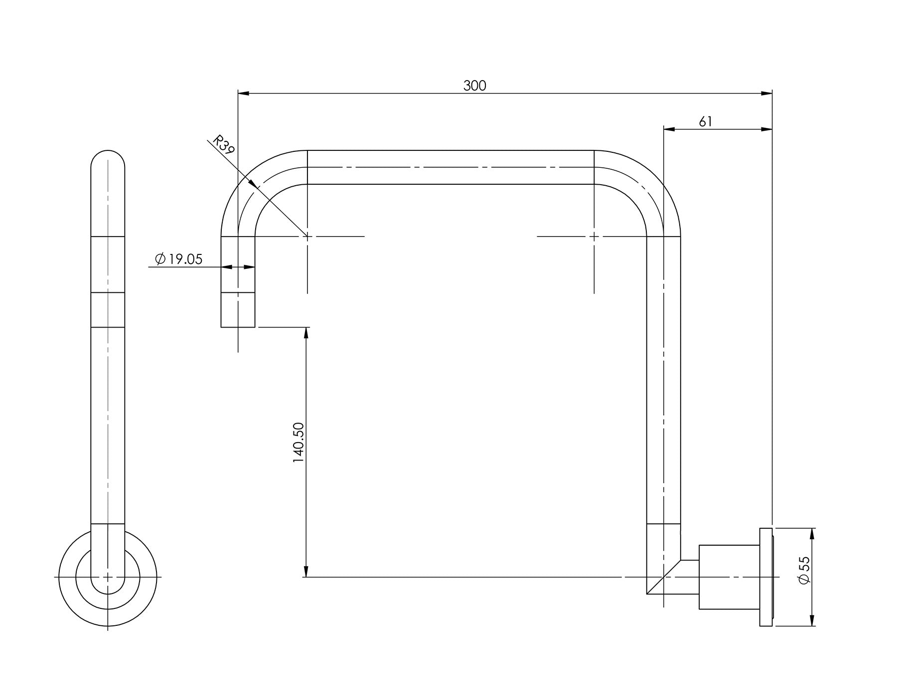 PHOENIX RADII WALL SINK OUTLET 300MM SQUARELINE CHROME