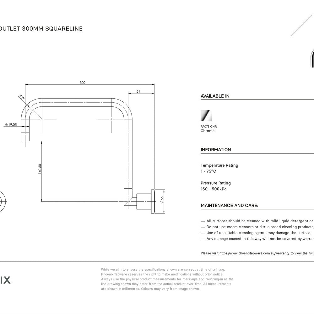 PHOENIX RADII WALL SINK OUTLET 300MM CHROME