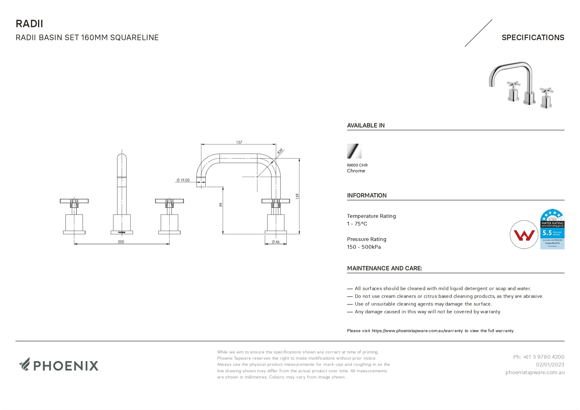 PHOENIX RADII BASIN SET SQUARELINE 160MM CHROME