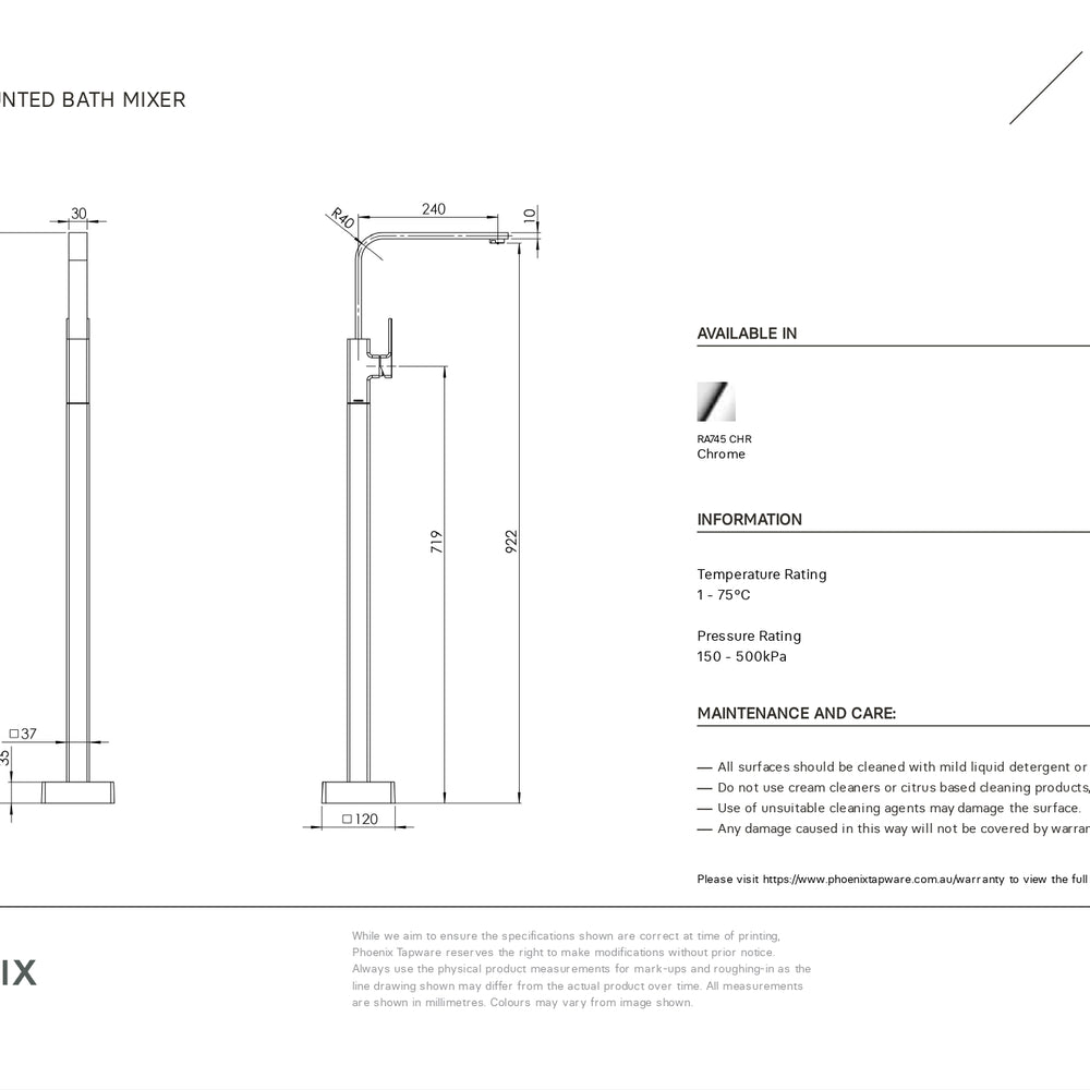 PHOENIX RADII FLOOR MOUNTED BATH MIXER 939MM CHROME