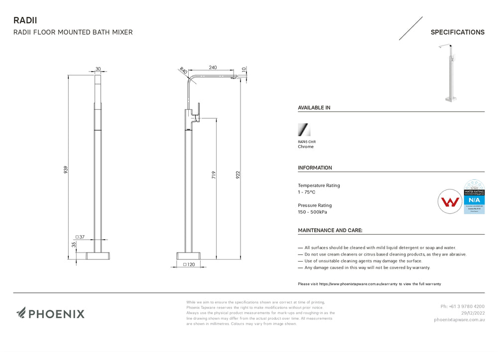 PHOENIX RADII FLOOR MOUNTED BATH MIXER 939MM CHROME