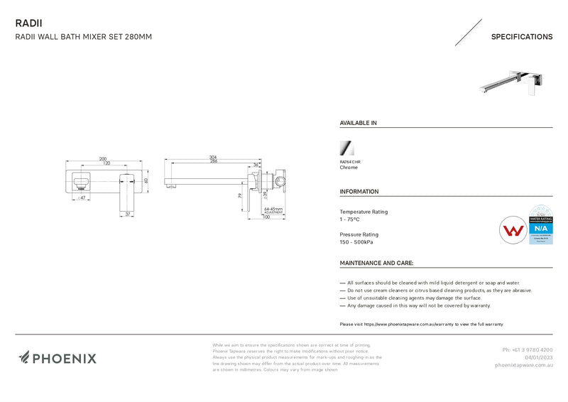 PHOENIX RADII WALL BATH MIXER SET 280MM CHROME