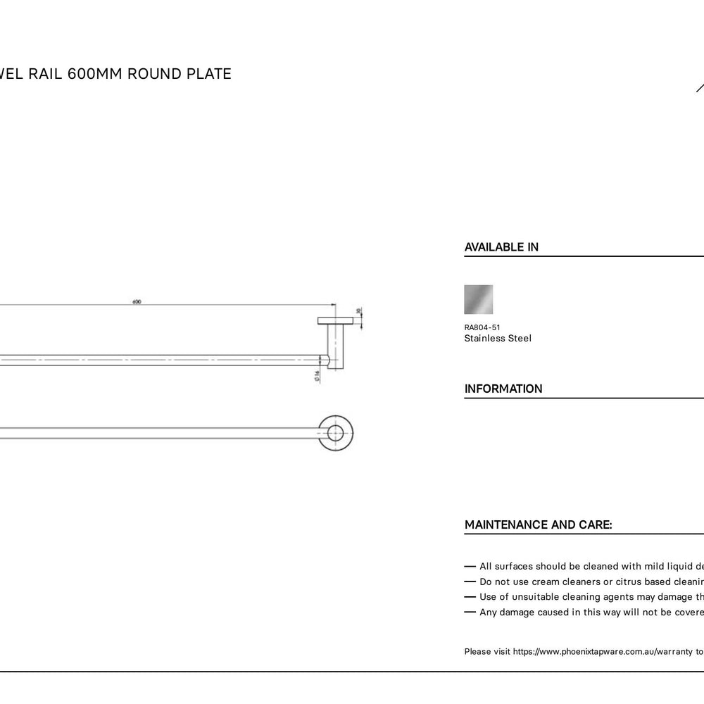 PHOENIX RADII SS 316 SINGLE NON-HEATED TOWEL RAIL ROUND PLATE STAINLESS STEEL 600MM