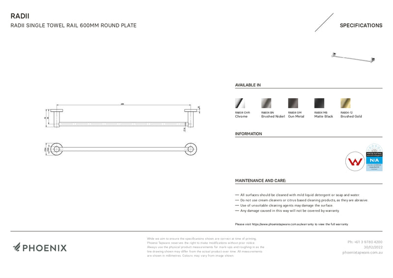 PHOENIX RADII SINGLE NON-HEATED TOWEL RAIL ROUND PLATE MATTE BLACK 600MM